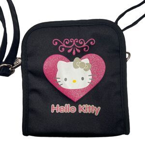 2000 Sanrio Black Hello Kitty with Heart Nylon Shoulder Bag Wallet‎ Coin Purse
